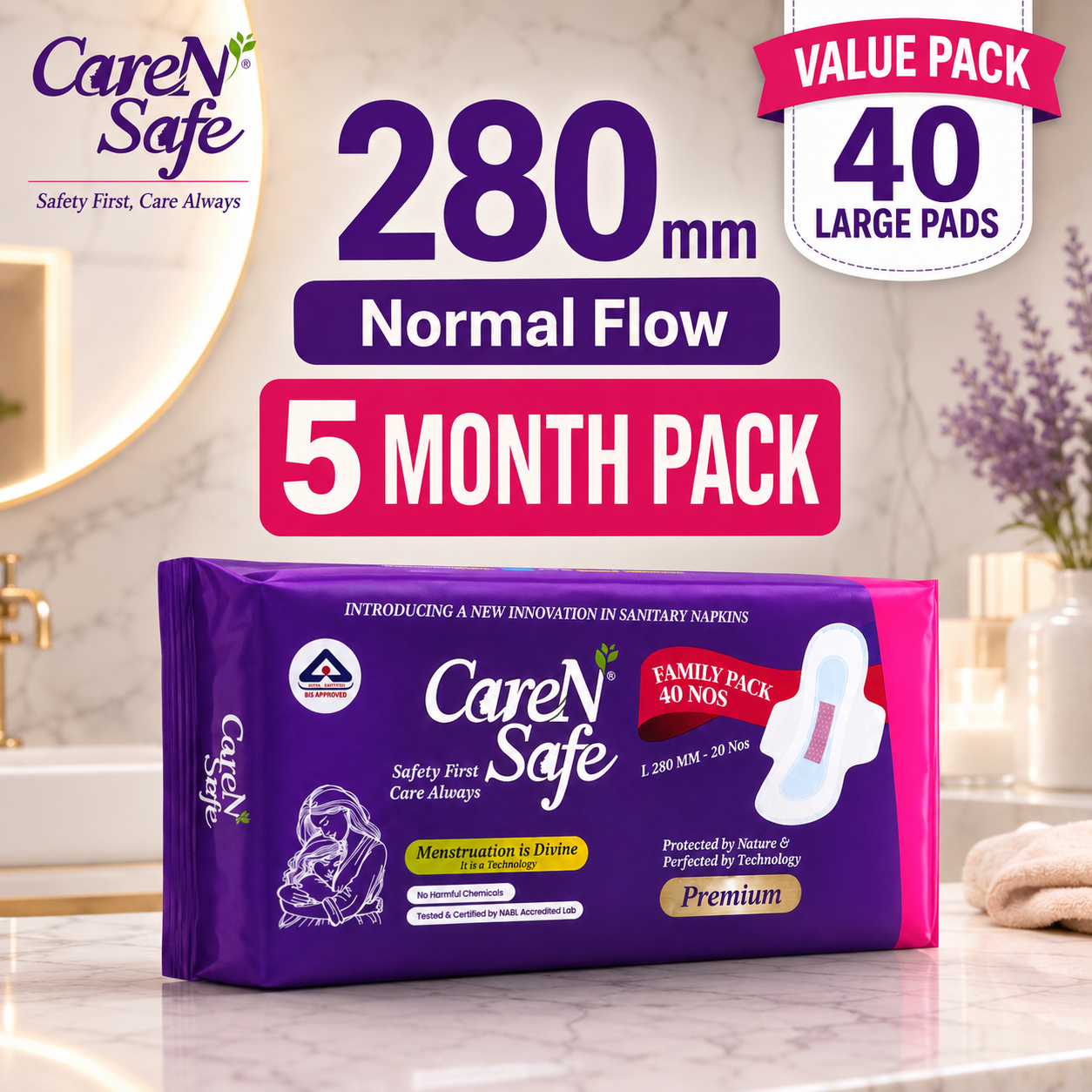 CareNSafe Premium Cotton Sanitary Pads | 40 Large Pads | Free Shipping