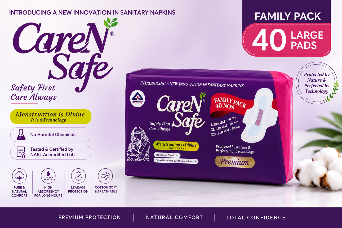 CareNSafe Premium Cotton Sanitary Pads | 40 Large Pads | Free Shipping