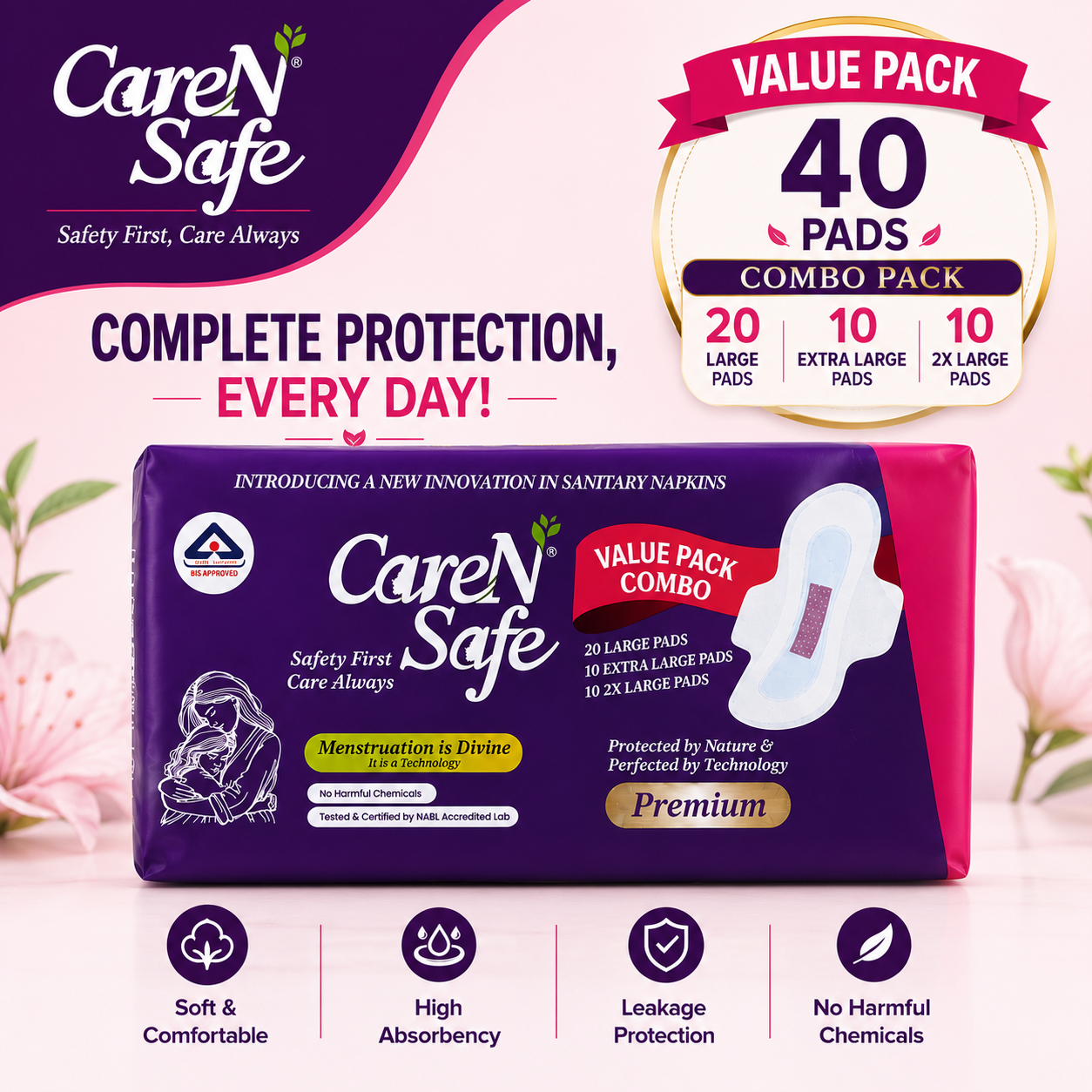 CareNSafe Premium Cotton Sanitary Pads | Combo | 40 Pads | Free Shipping