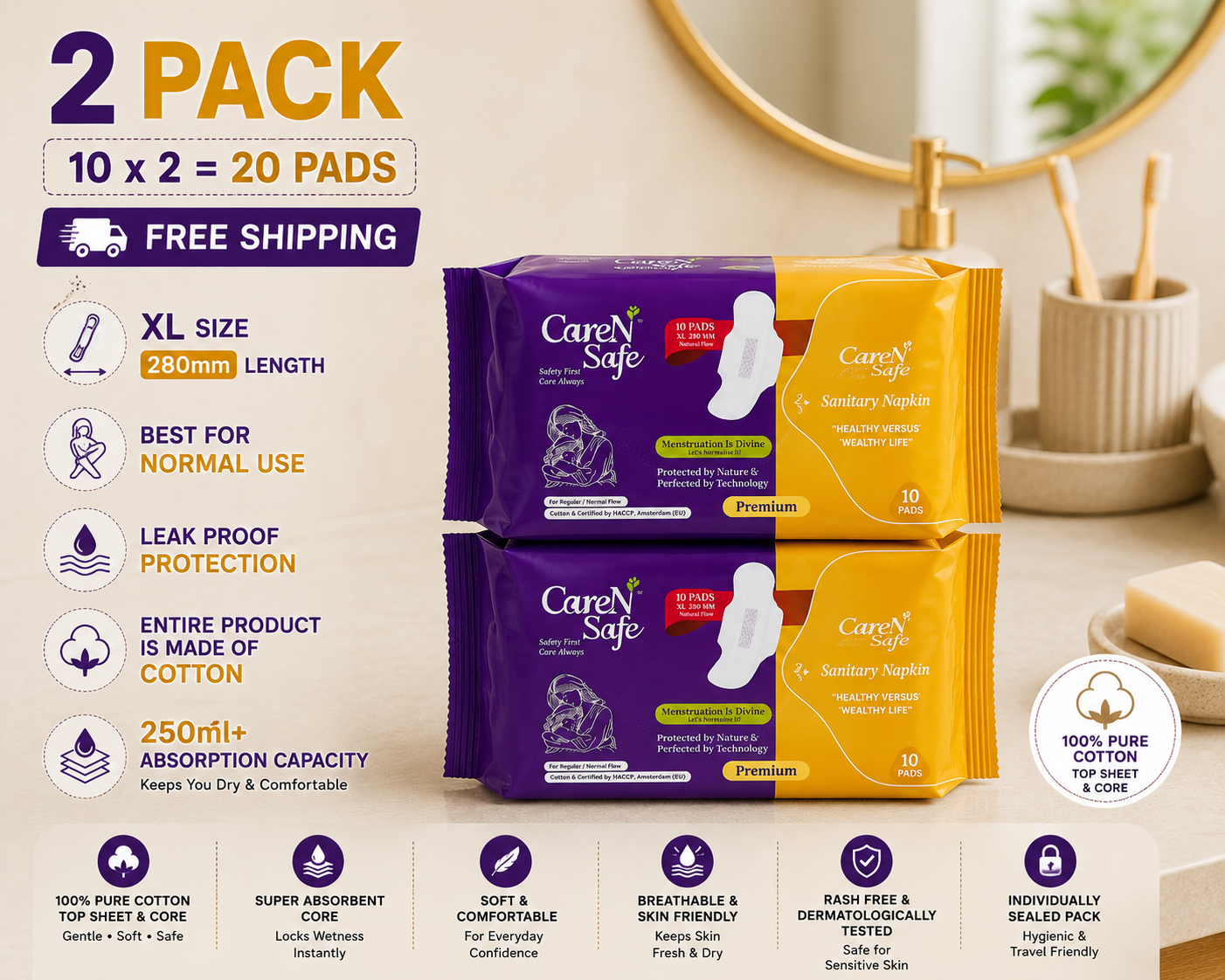 CareNSafe Premium Cotton Sanitary Pads 280mm | Regular | 20 Pads | 2 Packs | Free Shipping