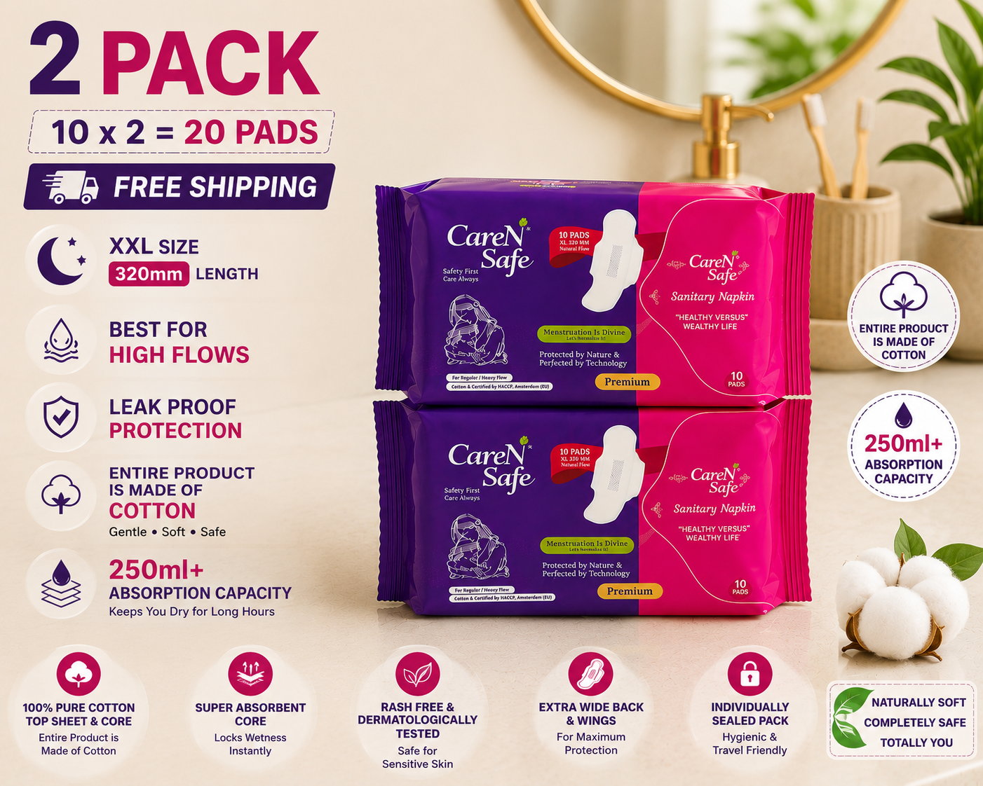 CareNSafe Premium Cotton XL Sanitary Pads 320mm | 20 Pads | 2 Packs | Free Shipping